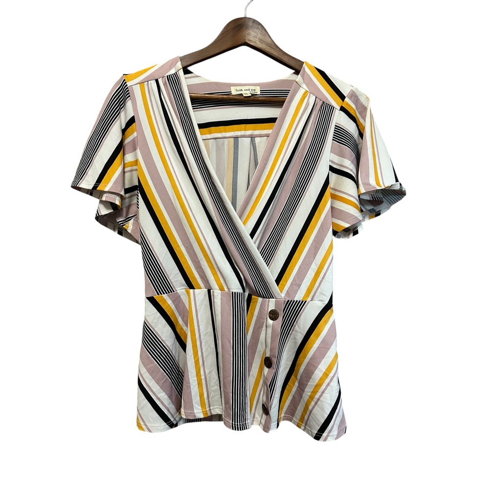 Faith and Joy Striped Surplice Top Women's Flutter Sleeve Blouse Button Detail